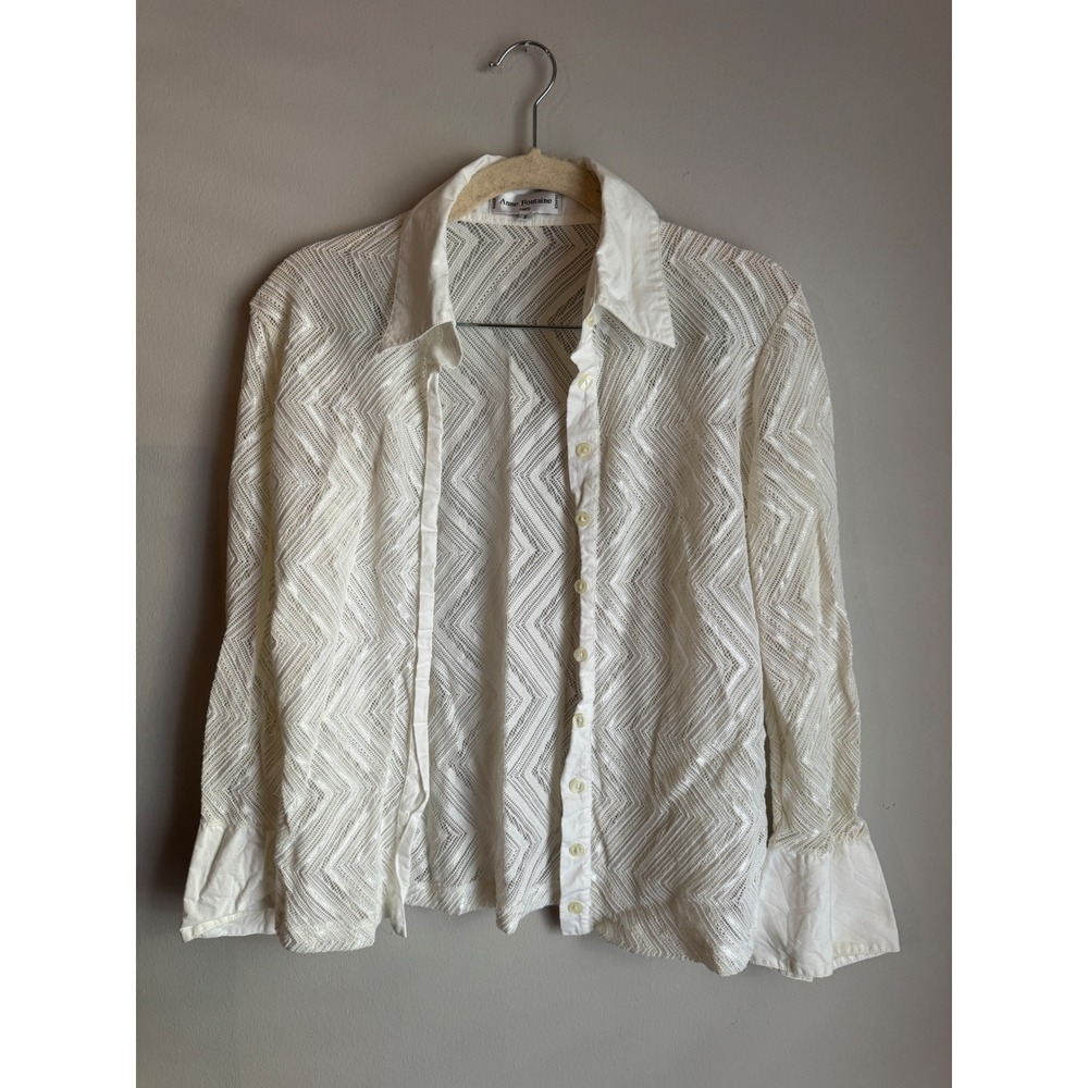 Anne Fontaine Paris White Chevron Lace Button Down Shirt French Cuffs Size 3